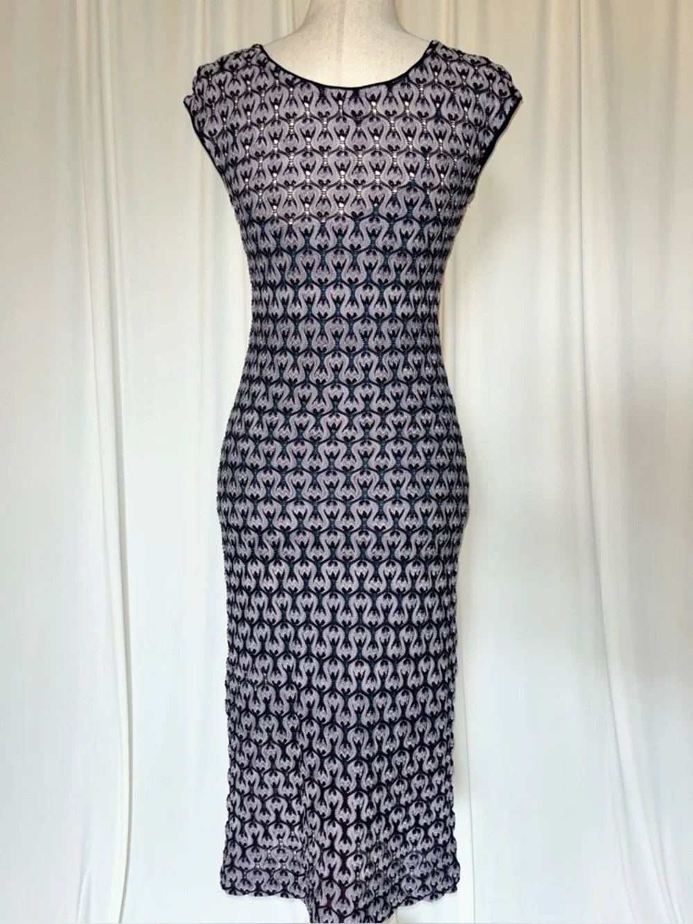 Missoni Classic Crocket Knit Midi Length Sheath Dress in Purple, Black, and Teal - Picture 7 of 11